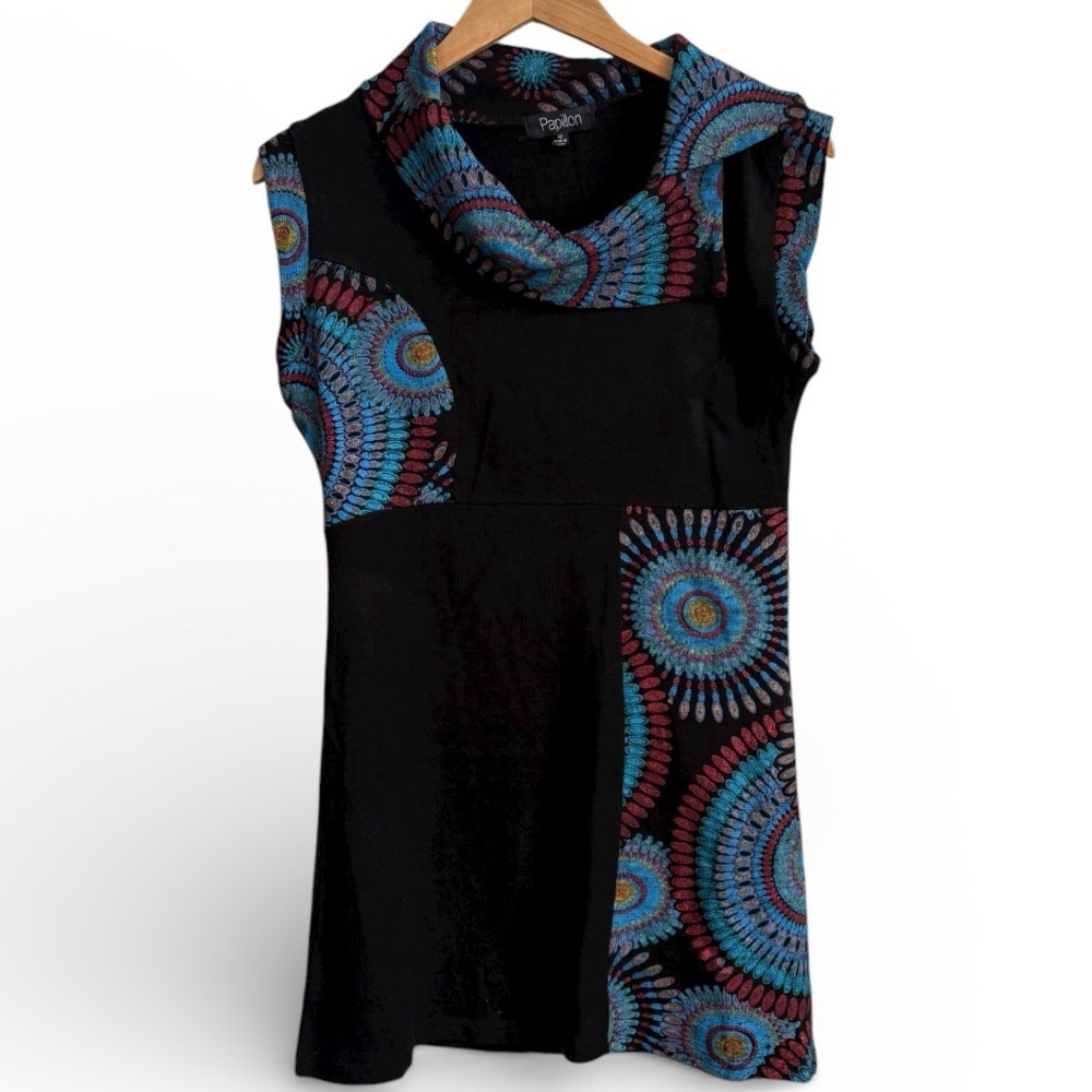 Papillon Mandala Print Mini Dress Medium Boho Cowl Neck Sleeveless Knit MEDIUM